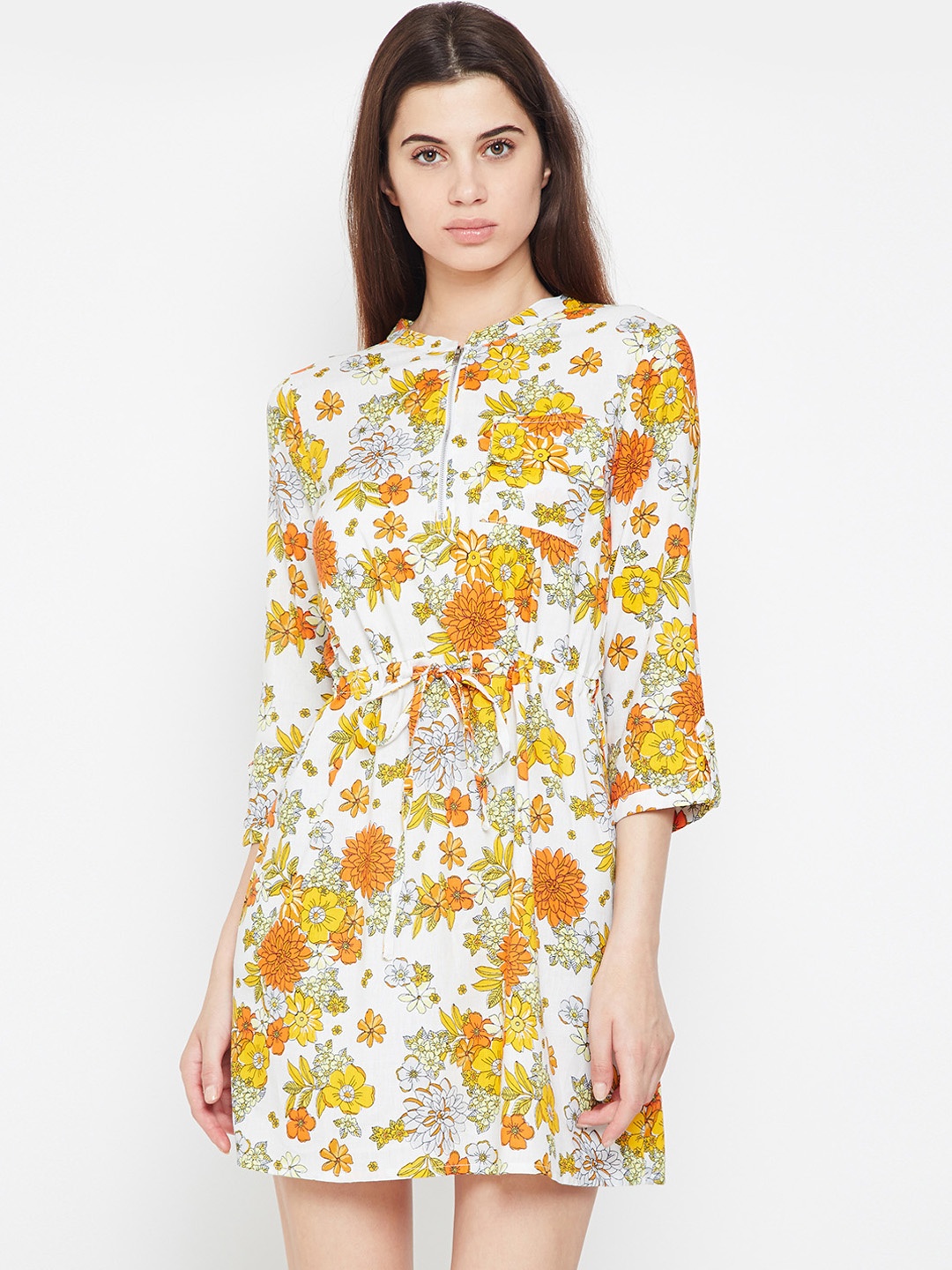 

Oxolloxo Women Off-White & Yellow Printed Fit and Flare Dress