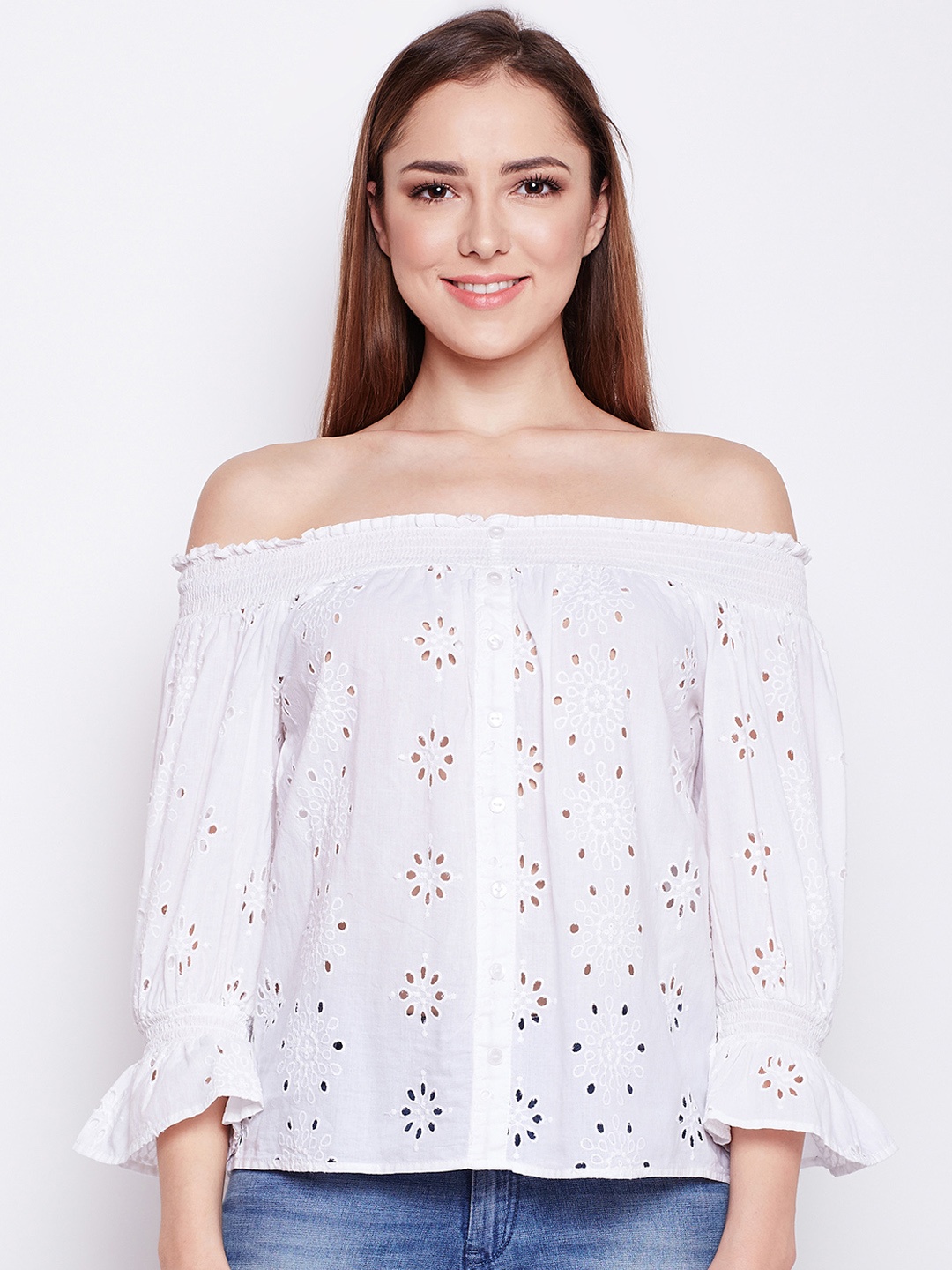 

Oxolloxo Women White Embellished Bardot Top
