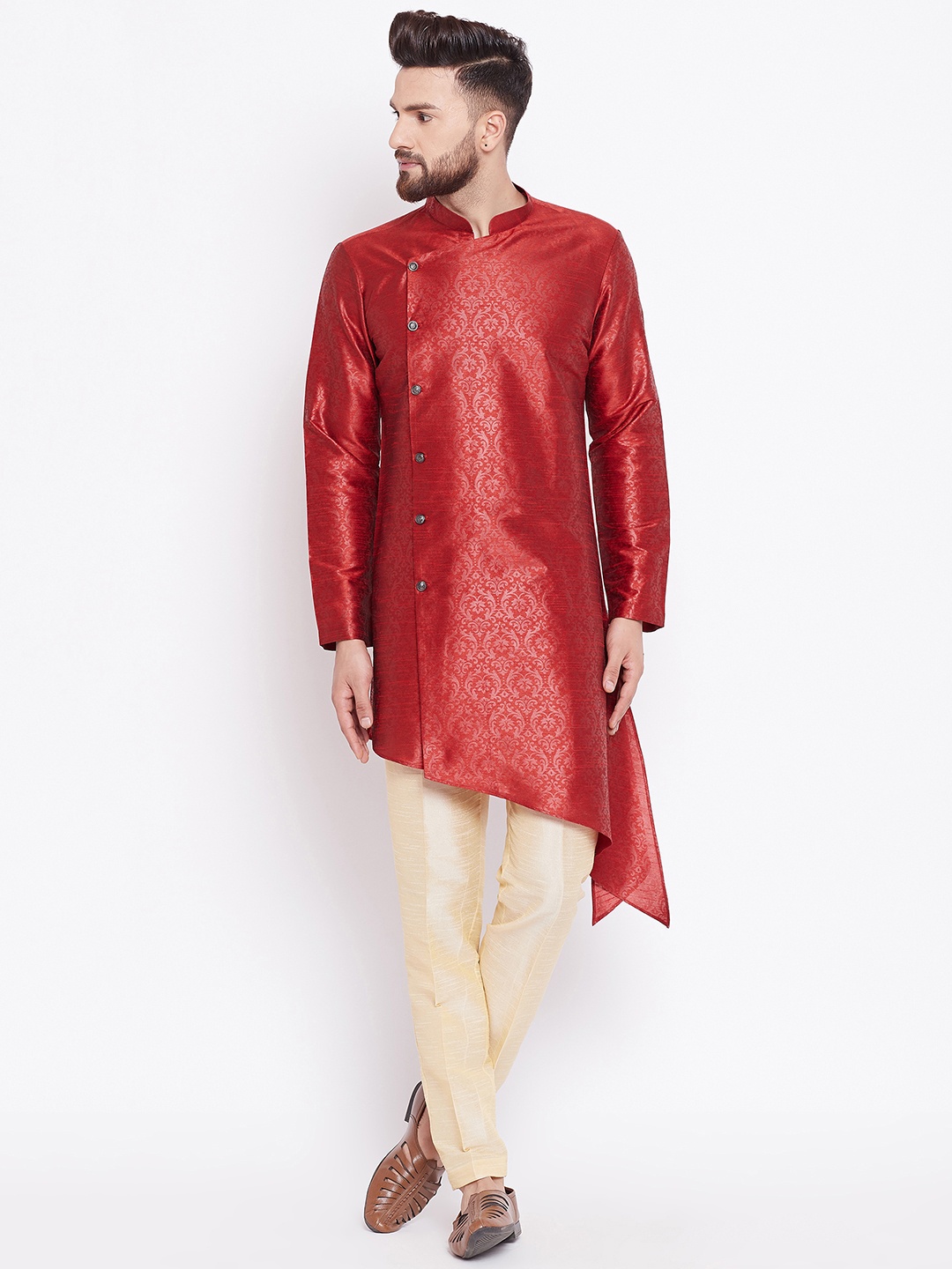 

See Designs Men Maroon Woven Design Straight Asymmetric Kurta