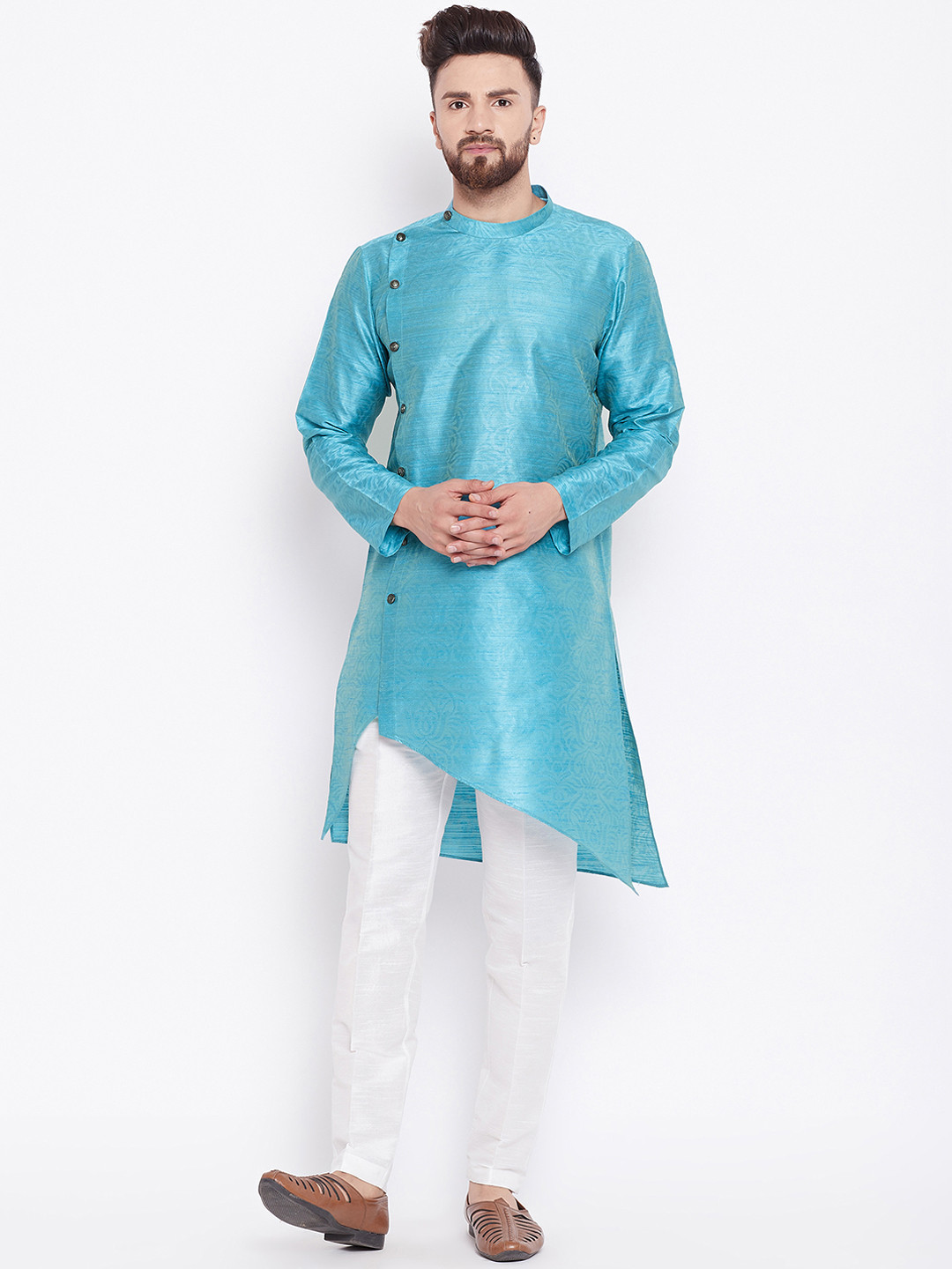 

See Designs Men Turquoise Blue Printed Asymmetric Straight Kurta