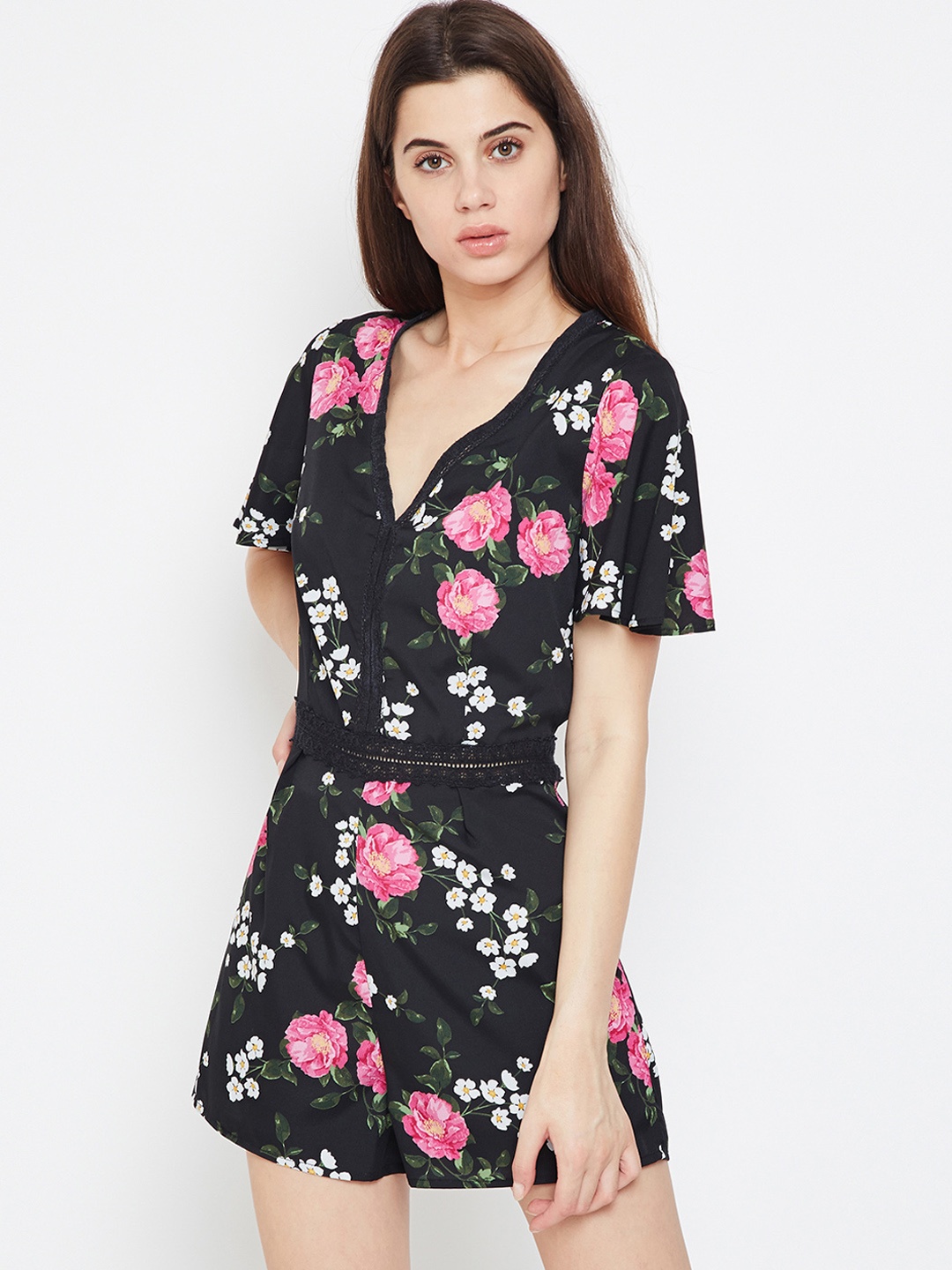 

Oxolloxo Black & Pink Floral Printed Playsuit
