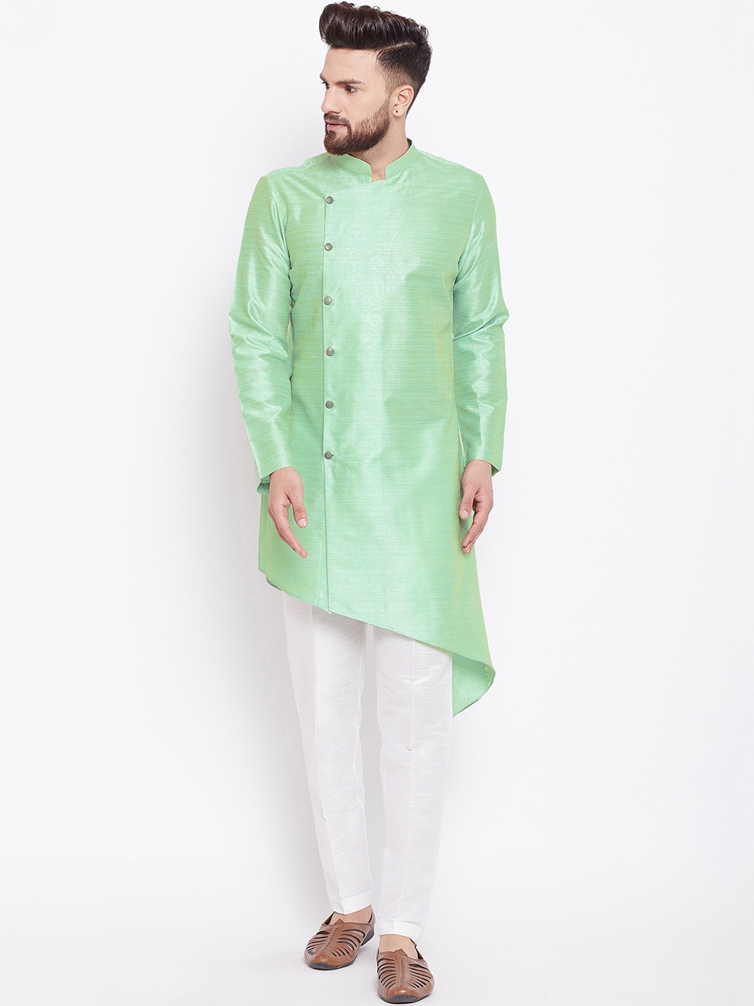 

See Designs Men Lime Green & White Printed Silk Kurta with Pyjamas