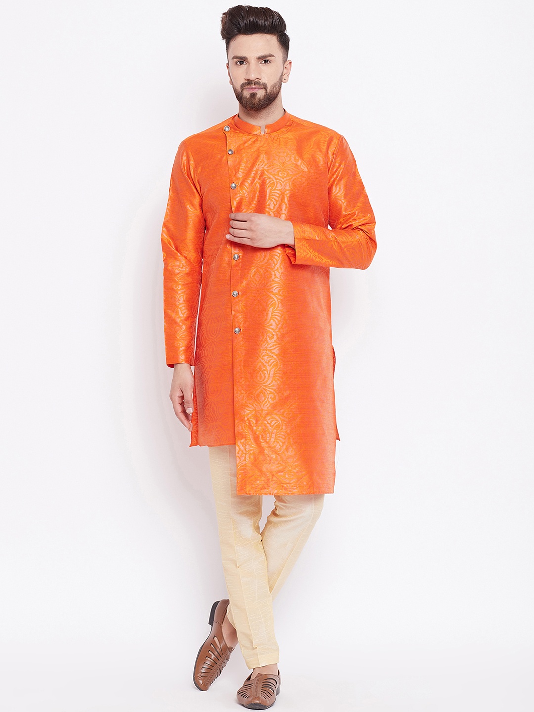 

See Designs Men Orange & Cream-Coloured Printed Silk Kurta with Pyjamas