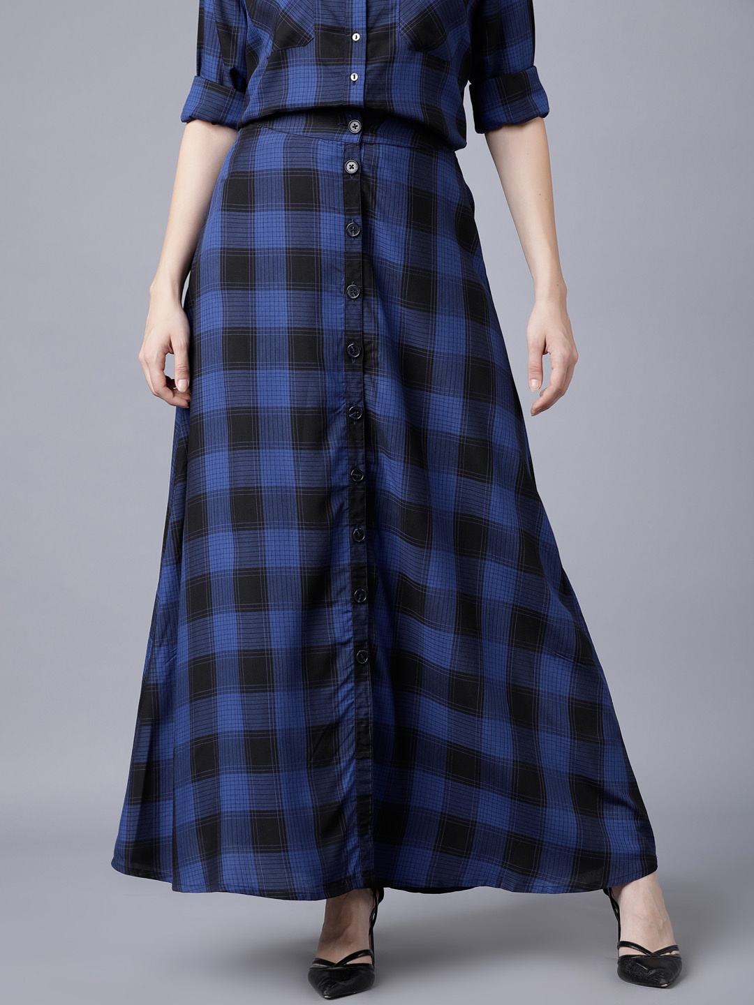 

Tokyo Talkies Women Blue & Black Checked Flared Maxi Skirt