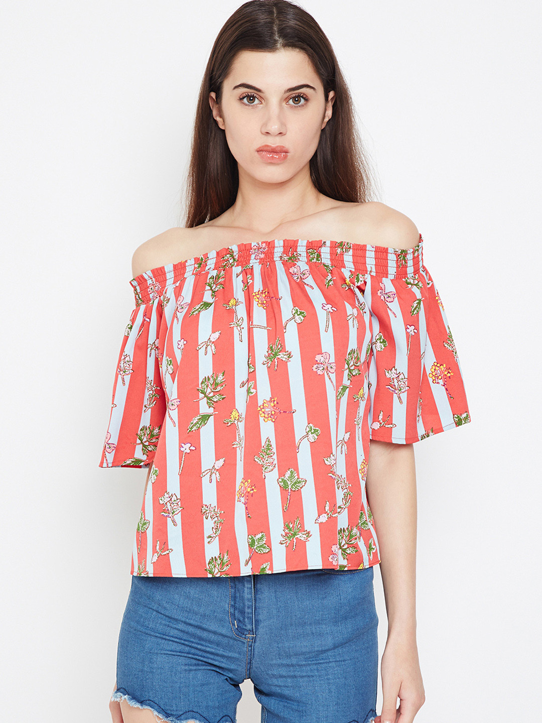 

Oxolloxo Women Peach-Coloured Striped Bardot Top
