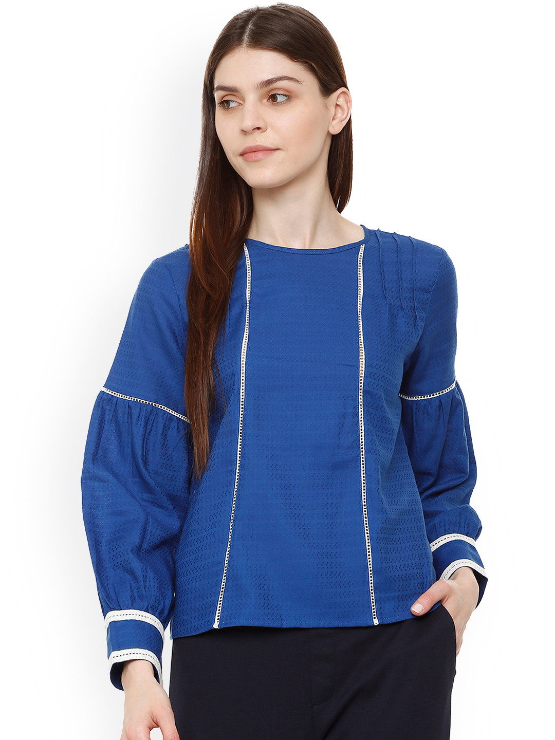 

Van Heusen Woman Blue Solid A-Line Pure Cotton Top