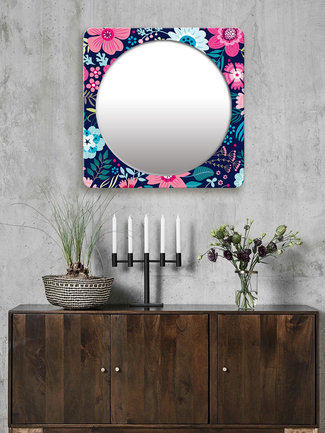 

999Store Multicoloured Printed Square MDF Wall Mirror, Multi