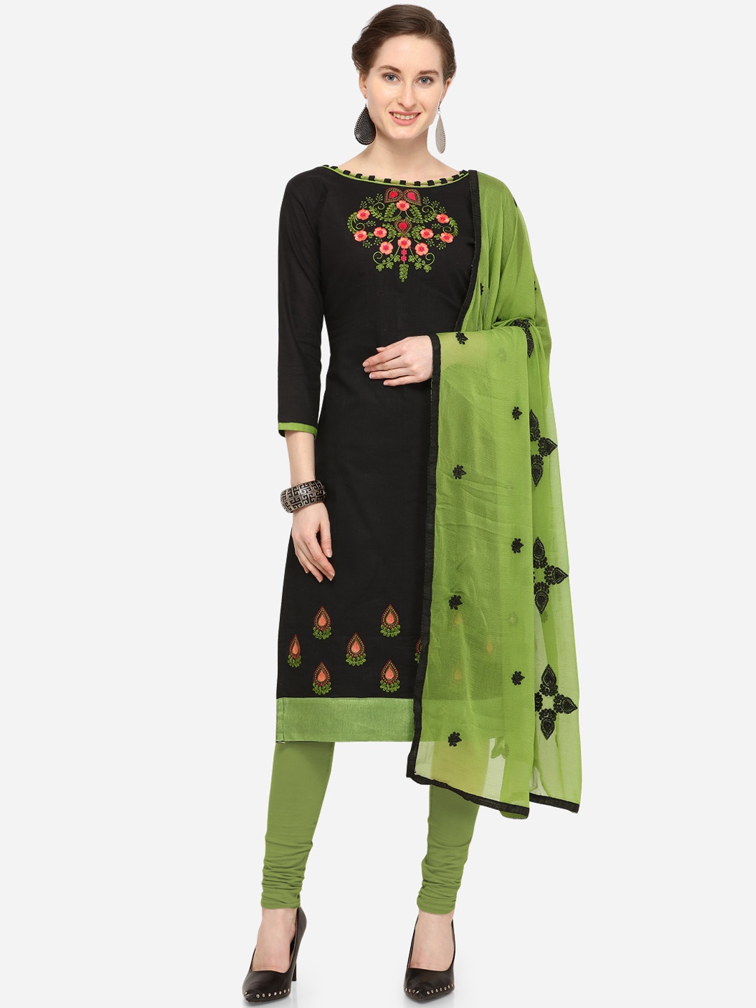 

Blissta Black & Green Cotton Blend Unstitched Dress Material