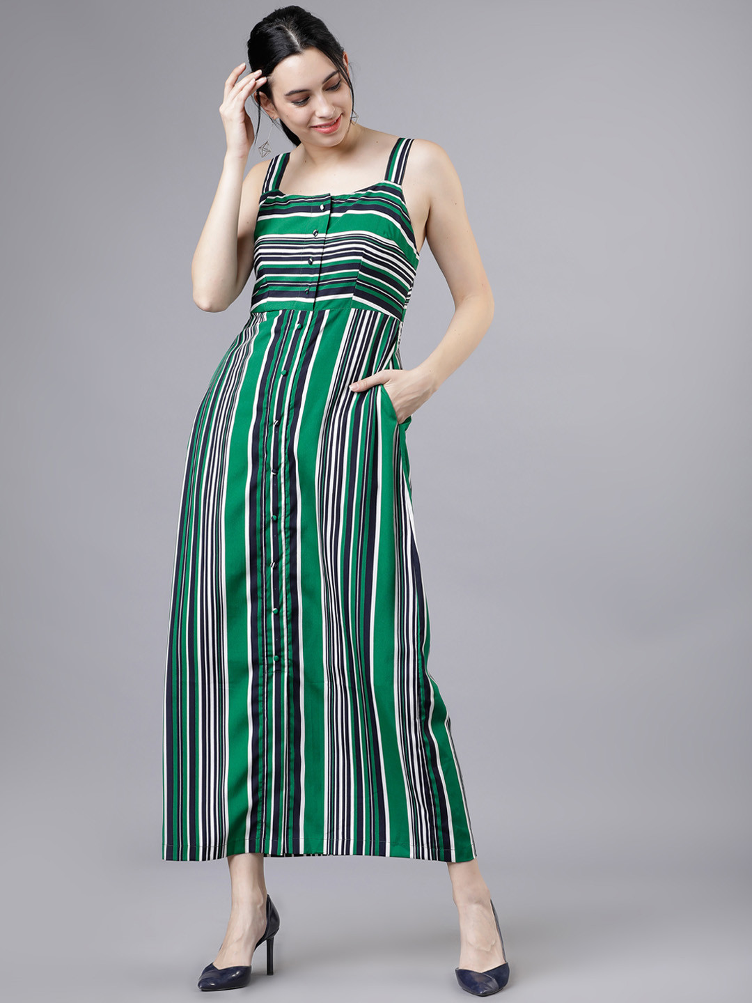 

Tokyo Talkies Women Green Striped Fit and Flare Dress