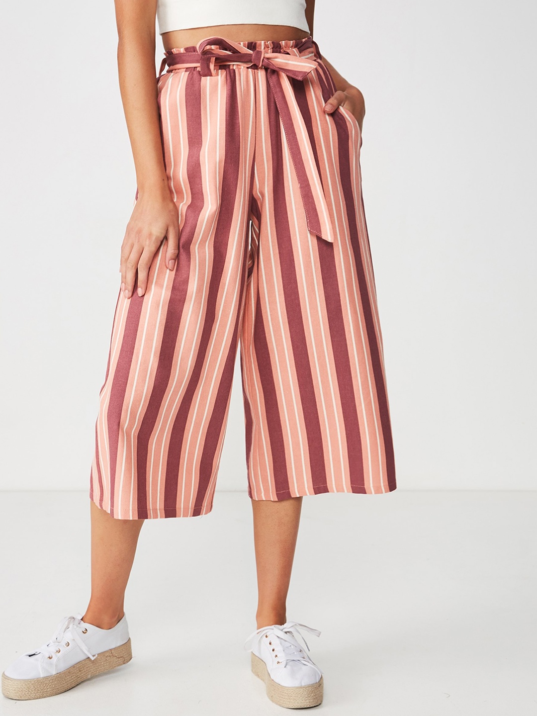 

COTTON ON Women Peach-Coloured Original Loose Fit Striped Linen Culottes