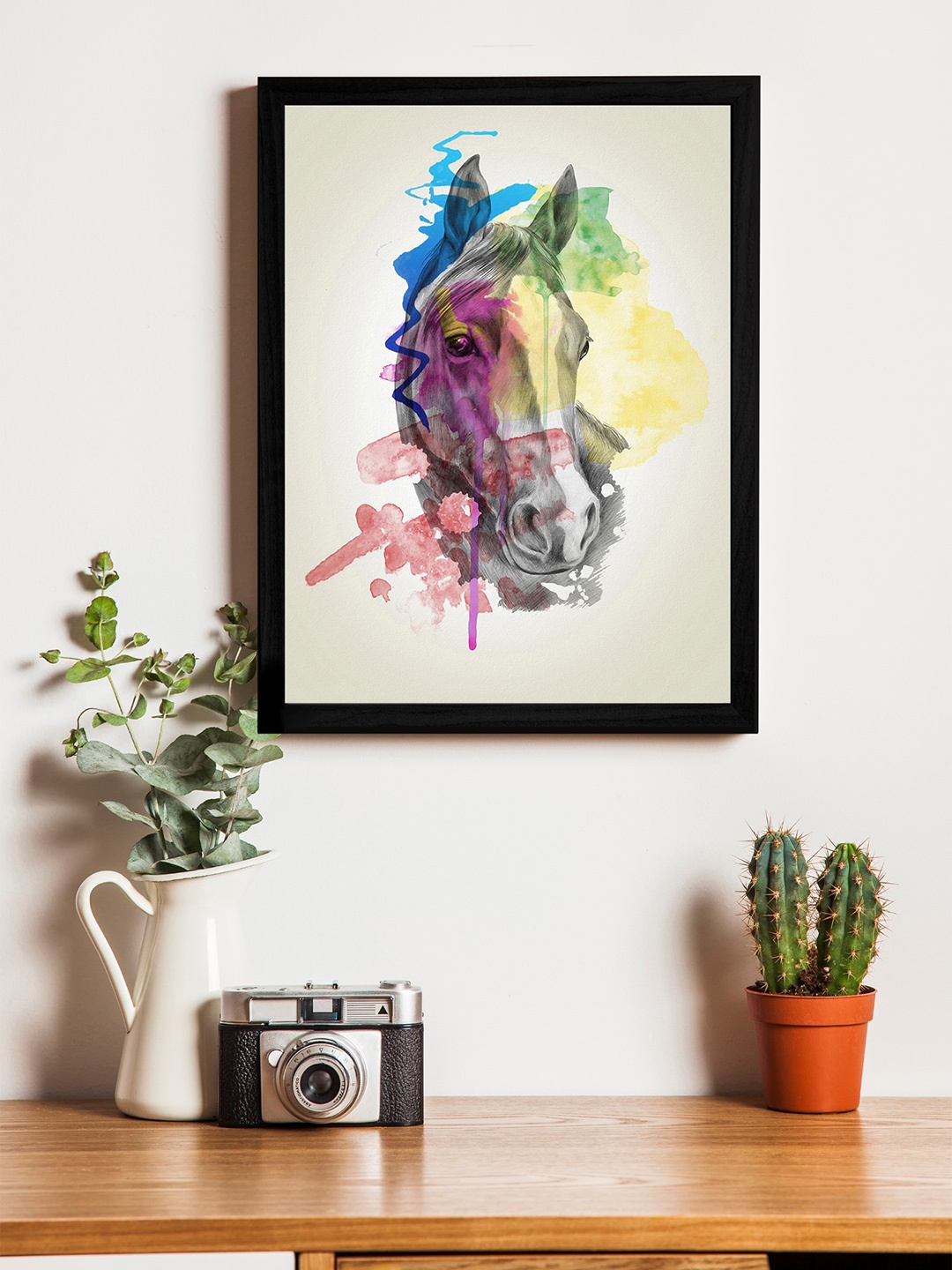 Art Street Beige Colourful Horse UV Wall Art With Wooden Frame
