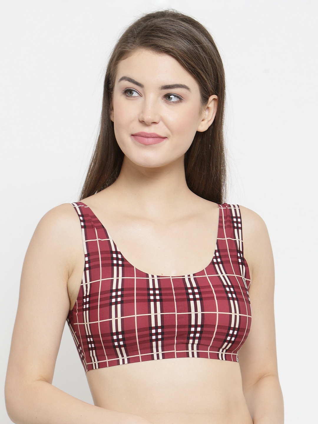PrettyCat Maroon & Beige Printed Non-Wired Lightly Padded Sports Bra PC-SB-5177