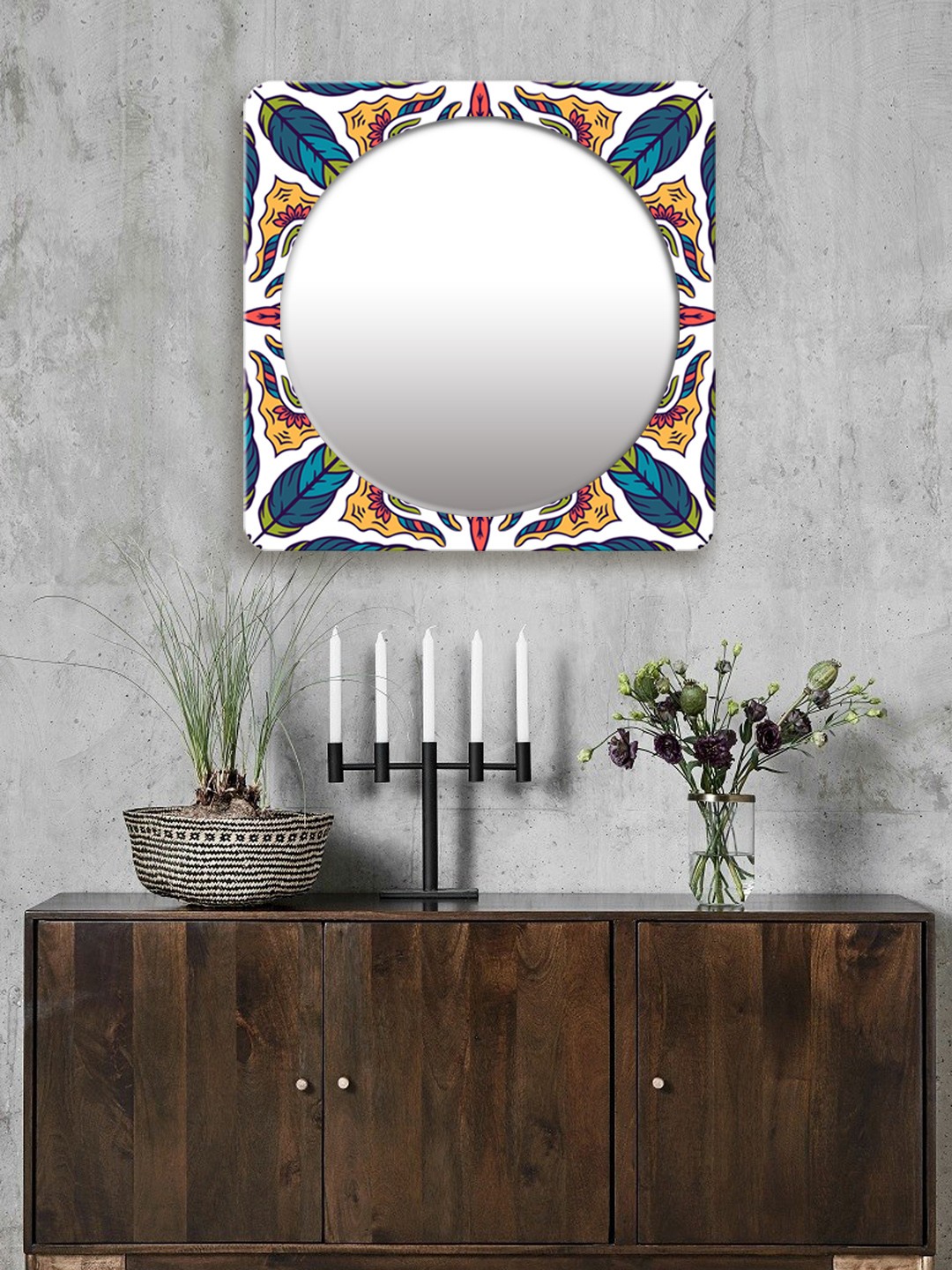 

999Store Multicoloured Printed Square MDF Wall Mirror, Multi