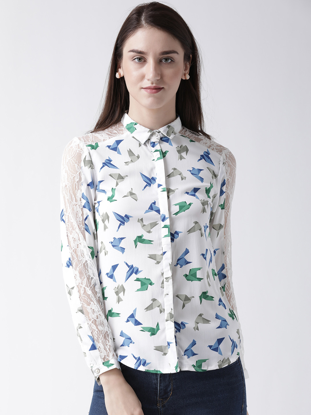

MsFQ Women White & Blue Printed Shirt Style Top
