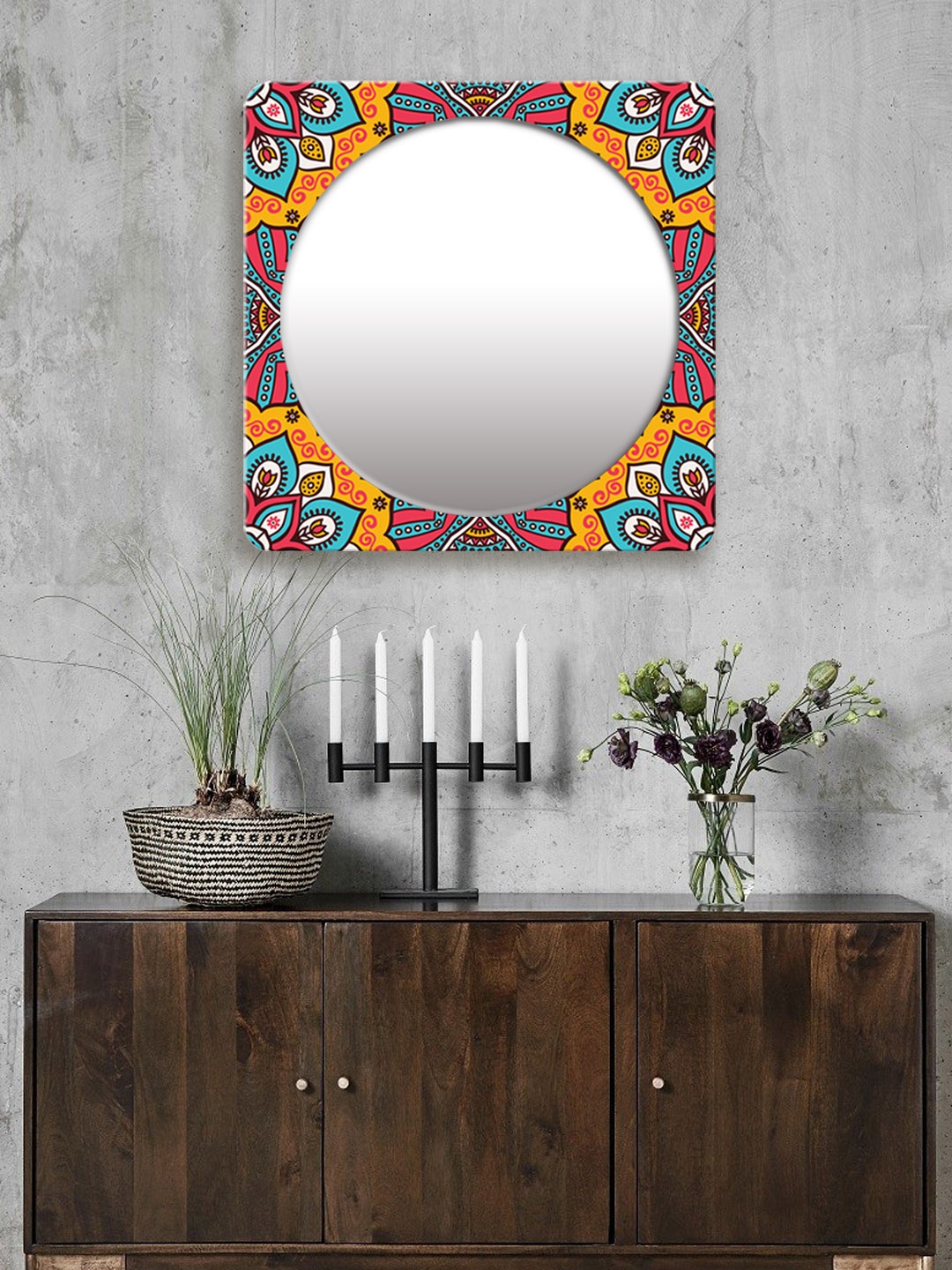 

999Store Yellow & Multicoloured Printed Square MDF Wall Mirror