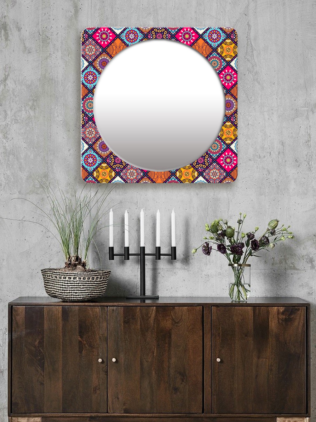 

999Store Multicoloured Printed Square MDF Wall Mirror, Multi