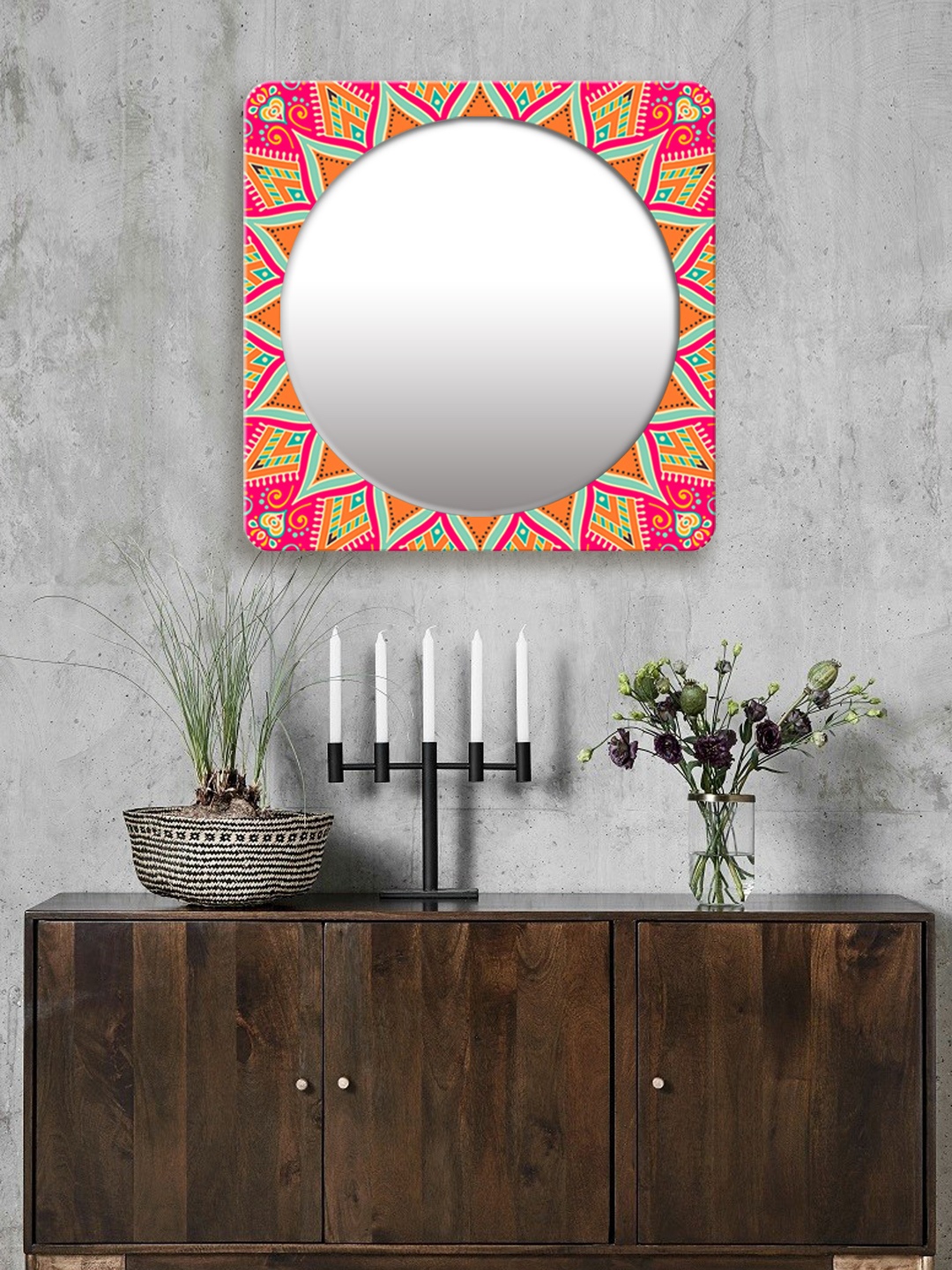 

999Store Multicoloured Printed Square MDF Wall Mirror, Multi