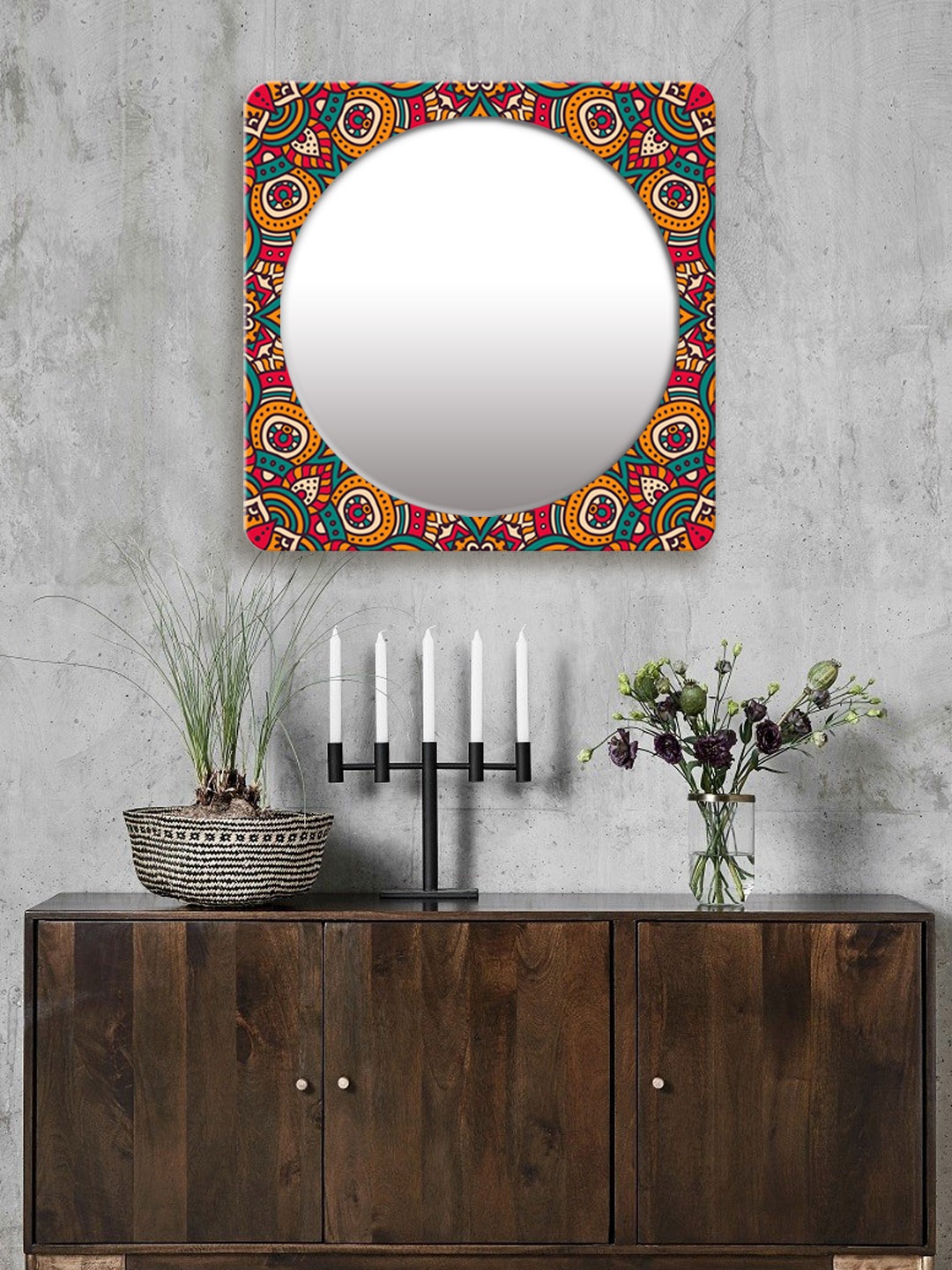 

999Store Yellow & Multicoloured Printed Square MDF Wall Mirror