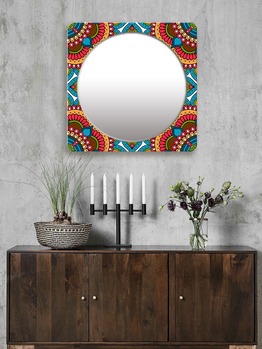 

999Store Multicoloured Printed Square MDF Wall Mirror, Multi