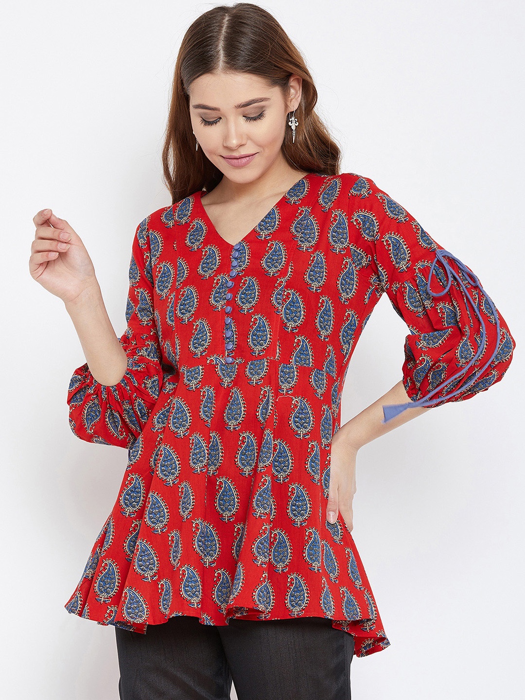 

PANIT Women Red & Blue Printed A-Line Kurta