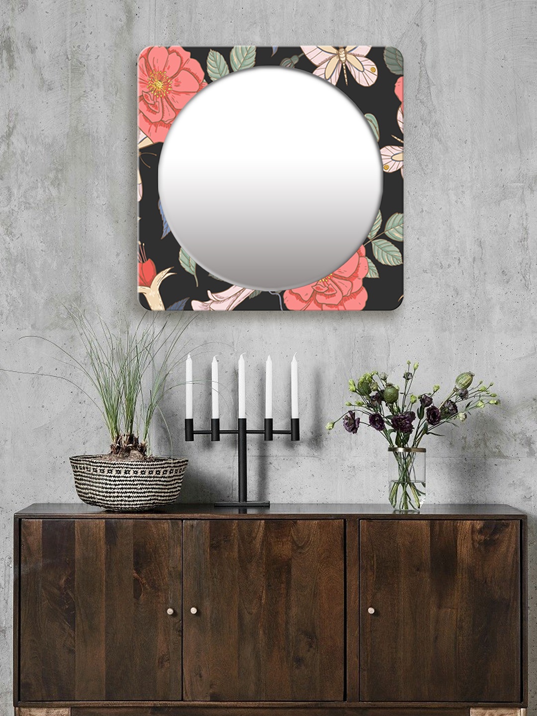 

999Store Red Printed Square MDF Wall Mirror