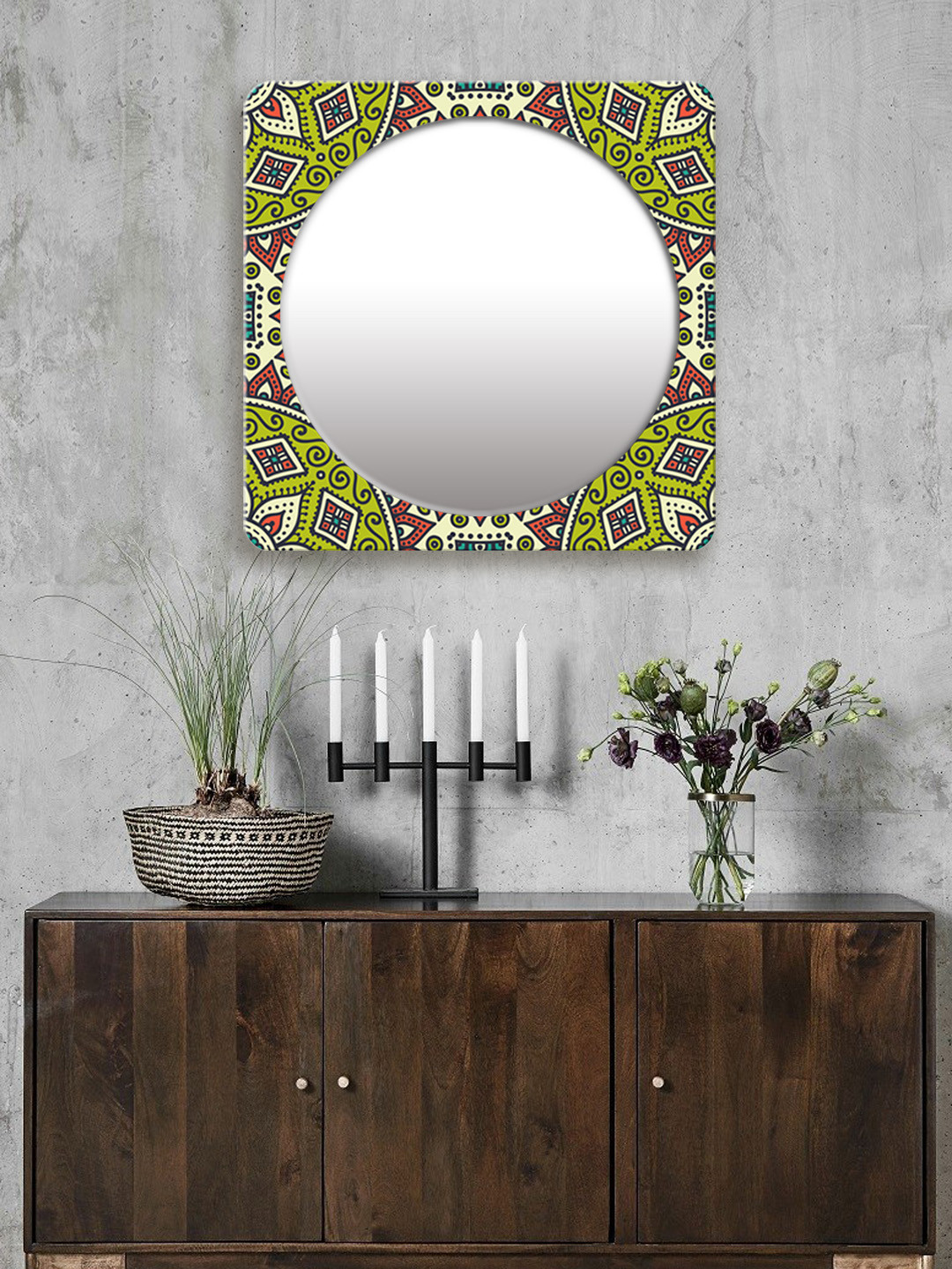 

999Store Green & Red Printed Square MDF Wall Mirror