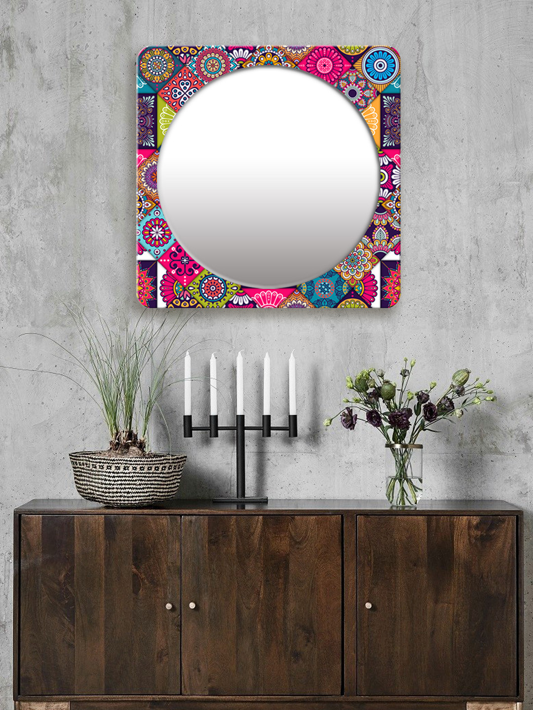 

999Store Multicoloured Printed Square MDF Wall Mirror, Multi