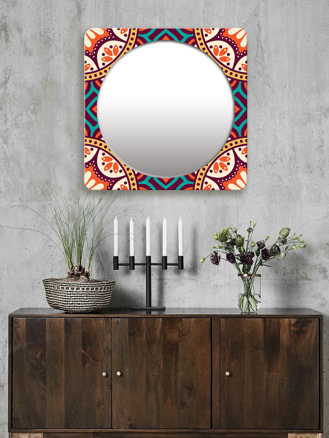

999Store Multicoloured Printed Square MDF Wall Mirror, Multi