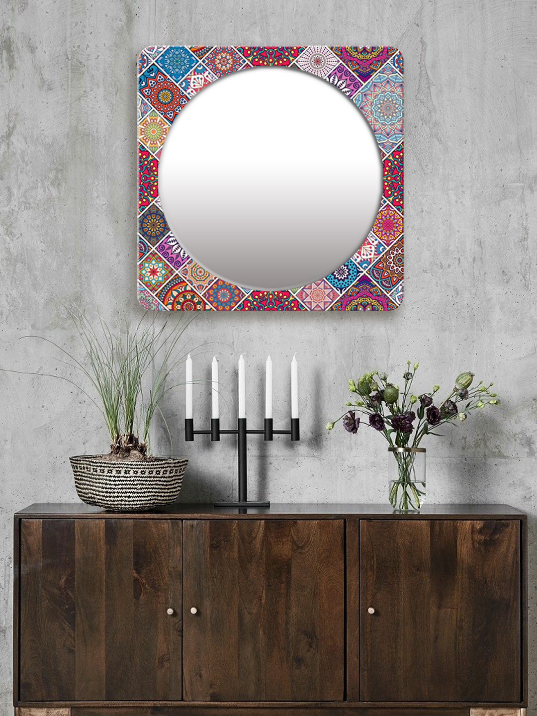 

999Store Multicoloured Printed Square MDF Wall Mirror, Multi