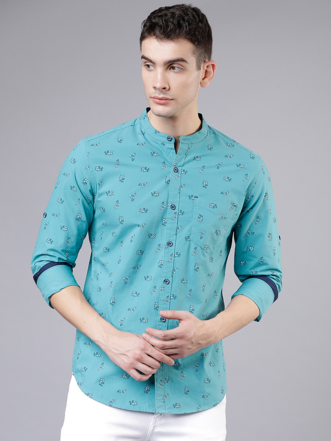 

LOCOMOTIVE Men Teal Blue Slim Fit Printed Casual Shirt