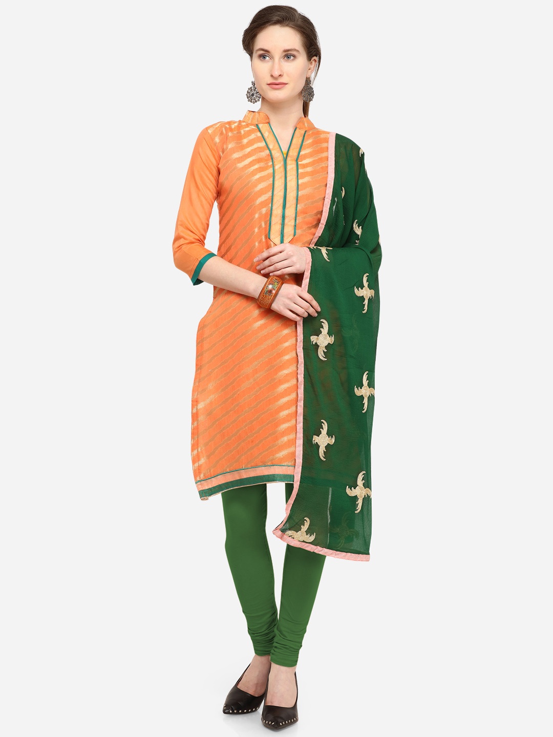 

Blissta Orange & Green Silk Blend Unstitched Dress Material