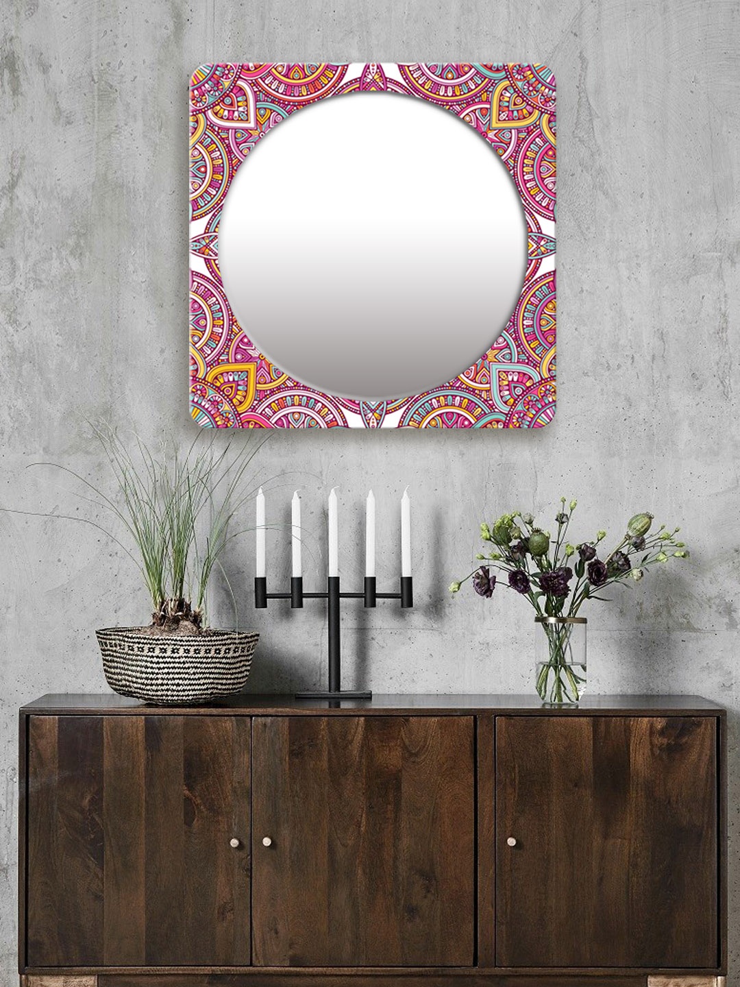 

999Store Multicoloured Printed Square MDF Wall Mirror, Multi