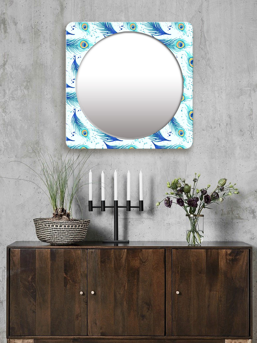 

999Store White & Blue Printed Square MDF Wall Mirror
