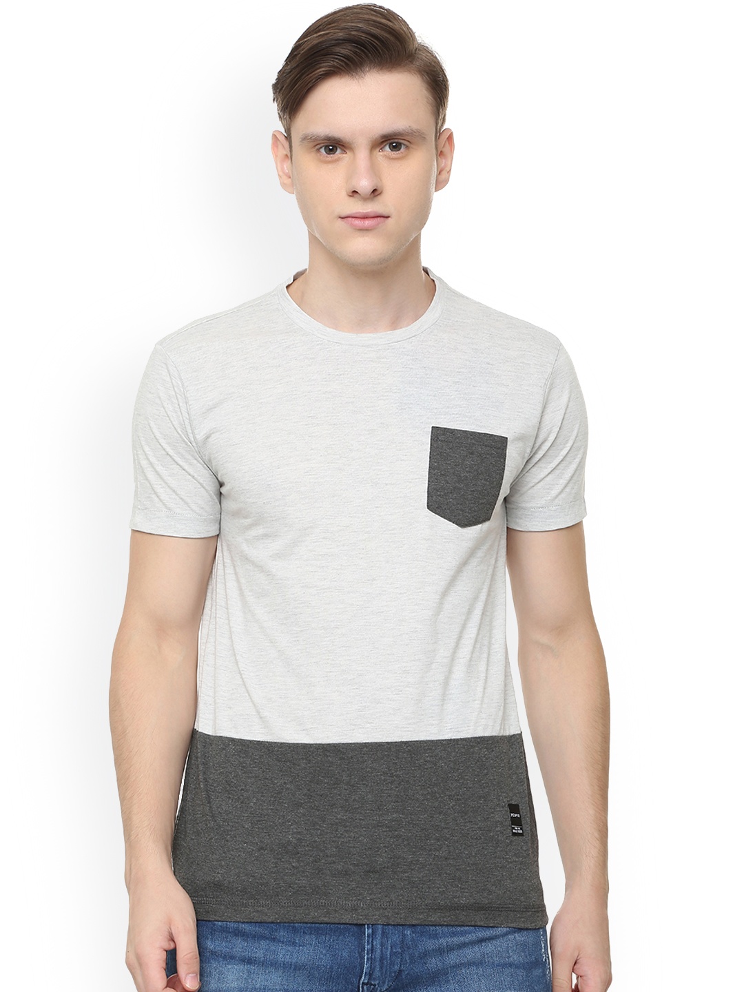 

People Men Grey Colourblocked Round Neck T-shirt