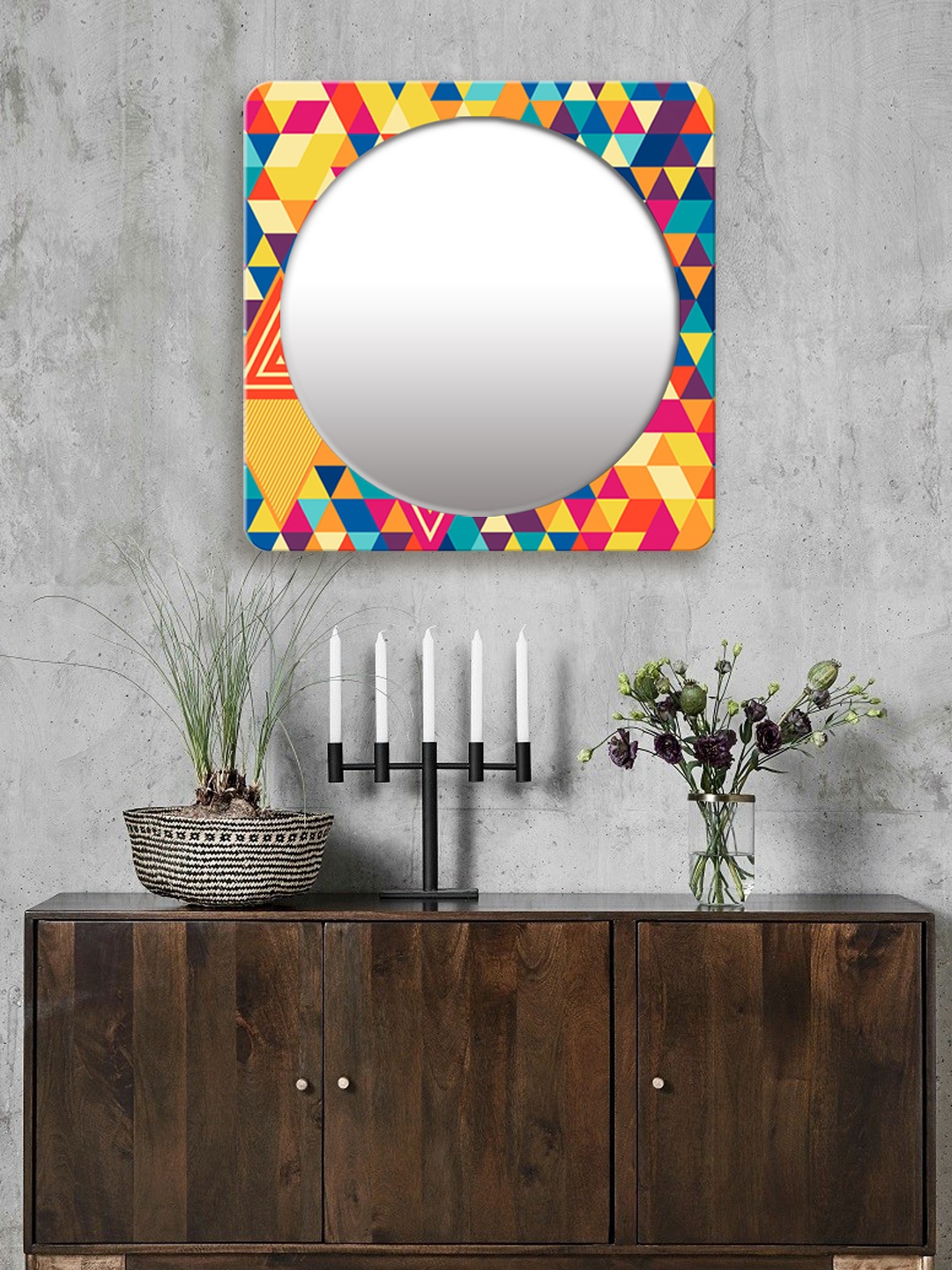 

999Store Multicoloured Printed Square MDF Wall Mirror, Multi