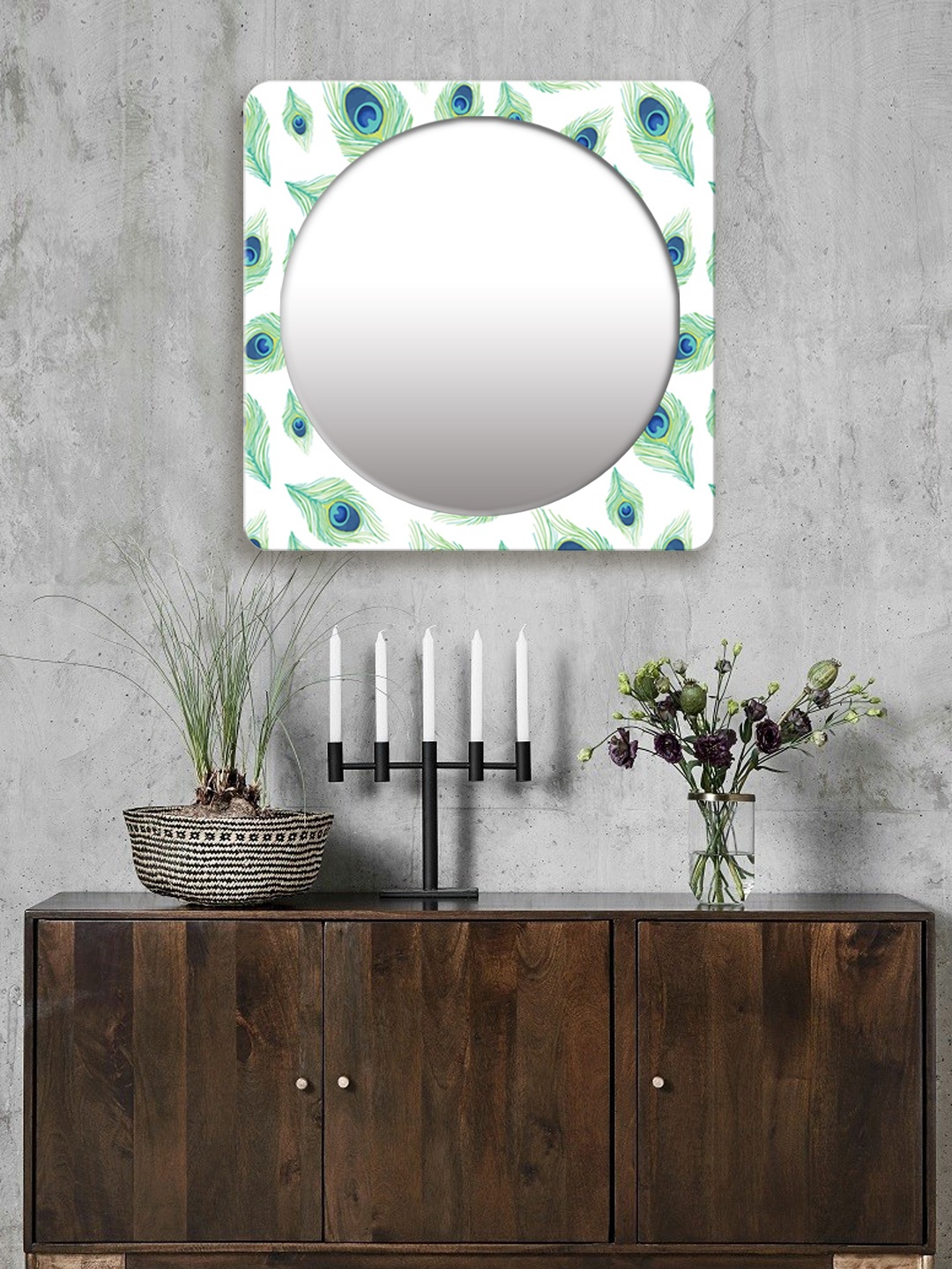 

999Store White & Green Printed Square MDF Wall Mirror