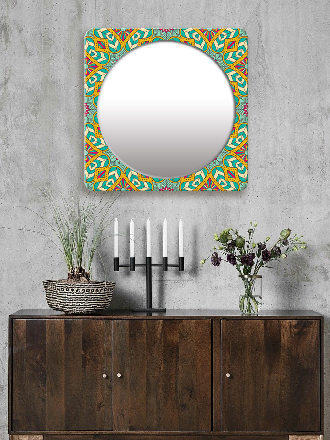 

999Store Green & Yellow Printed Square MDF Wall Mirror