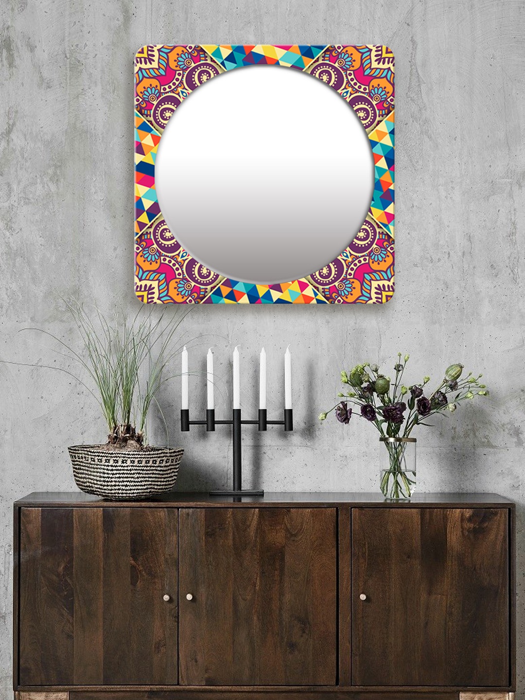 

999Store Multicoloured Printed Square MDF Wall Mirror, Multi