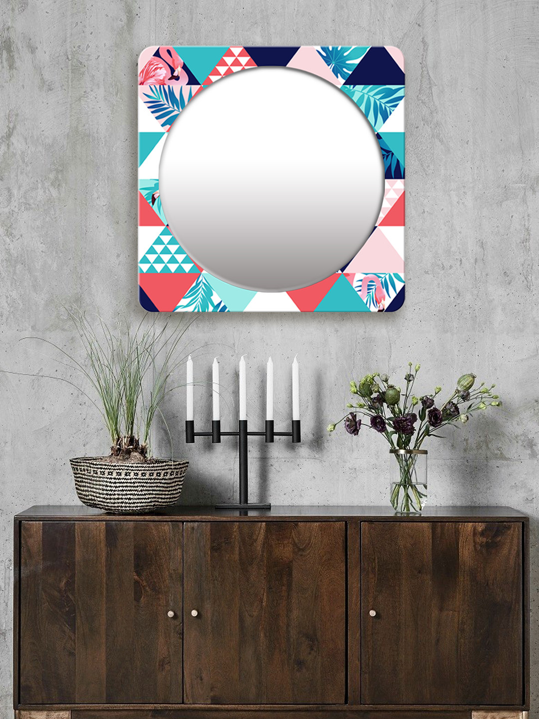 

999Store Multicoloured Printed Square MDF Wall Mirror, Multi