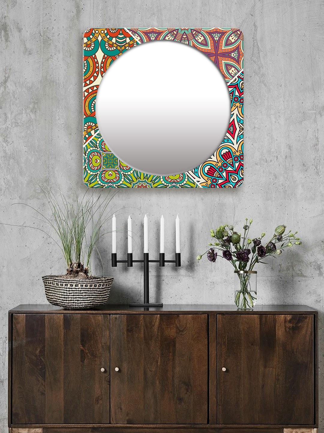 

999Store Multicoloured Printed Square MDF Wall Mirror, Multi