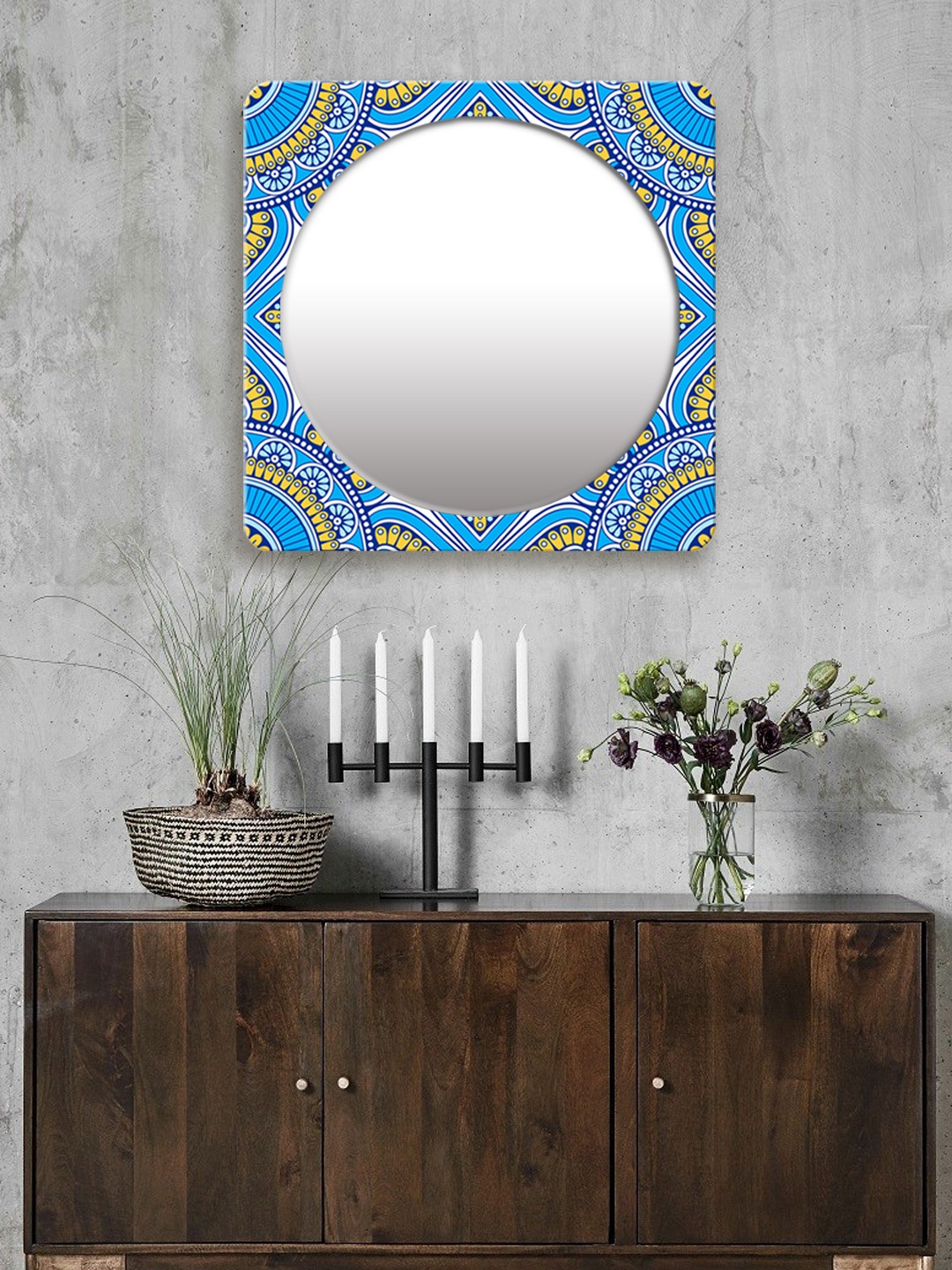 

999Store Blue & Yellow Printed Square MDF Wall Mirror