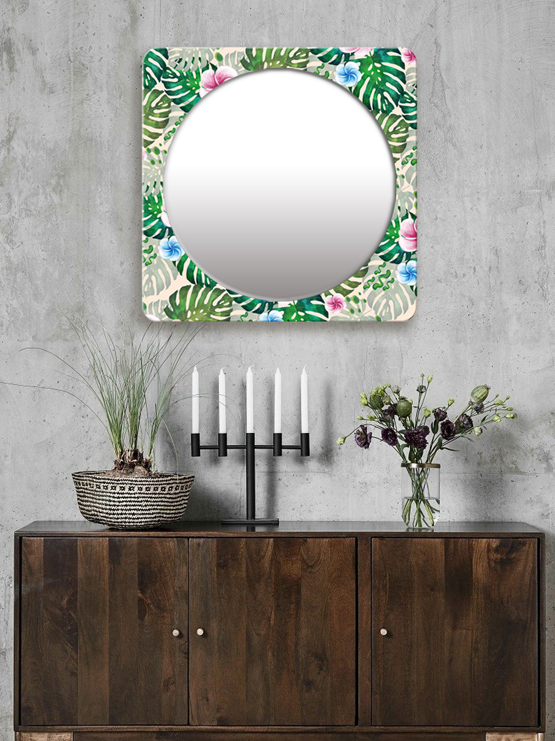 

999Store Green & White Printed Square MDF Wall Mirror