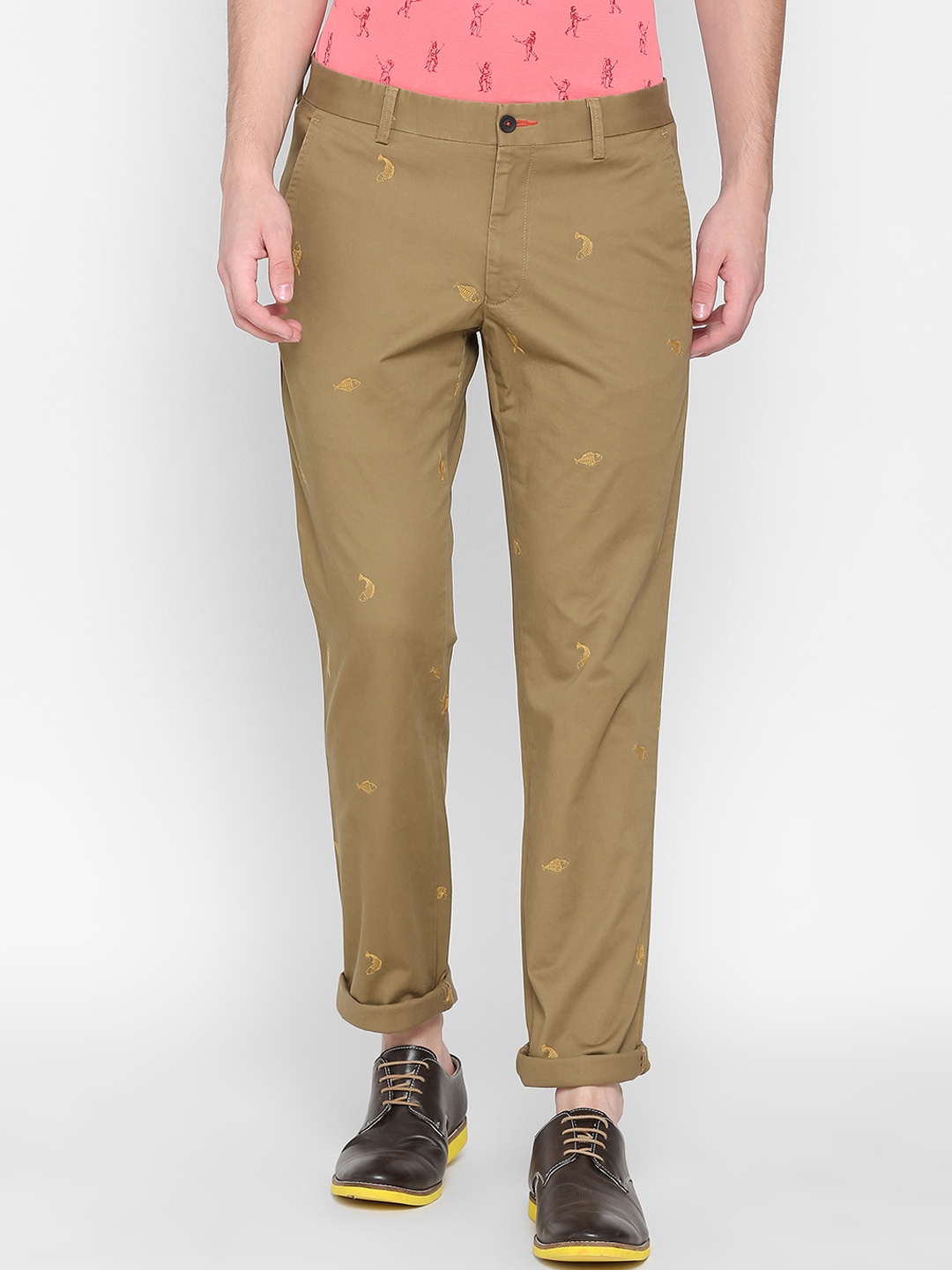 

SIMON CARTER LONDON Men Khaki Slim Fit Embroidered Regular Trousers
