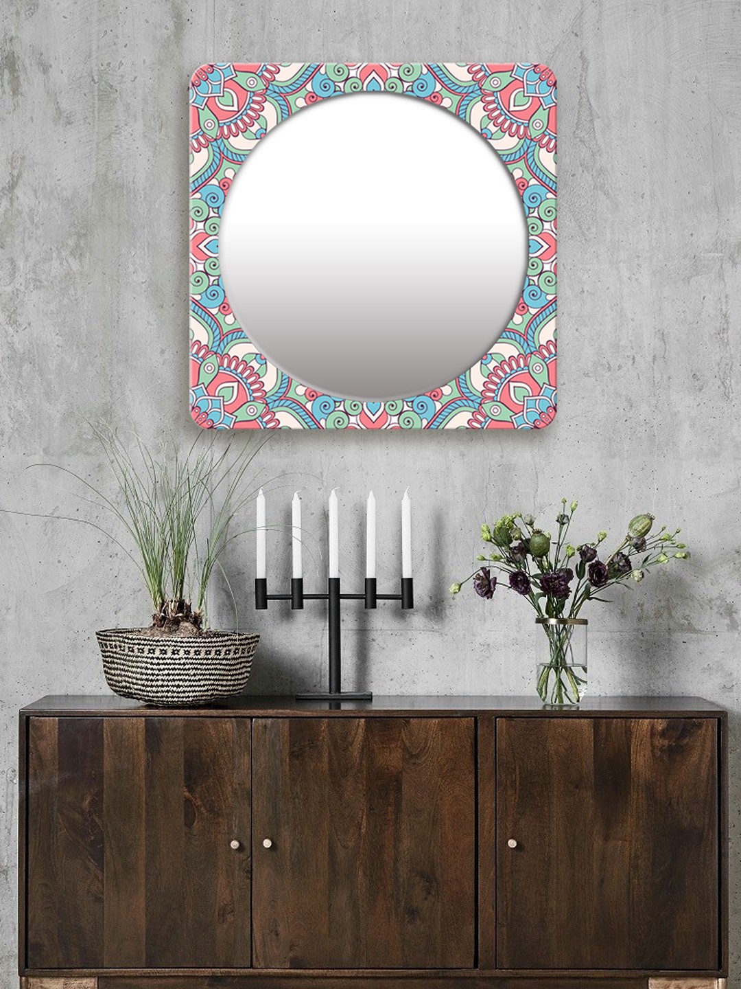 

999Store Red Printed Square MDF Wall Mirror