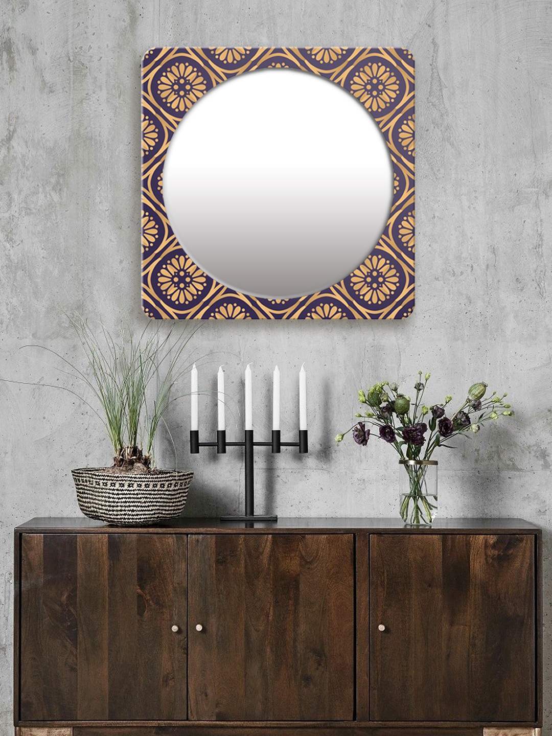 

999Store Yellow & Blue Printed Square MDF Wall Mirror