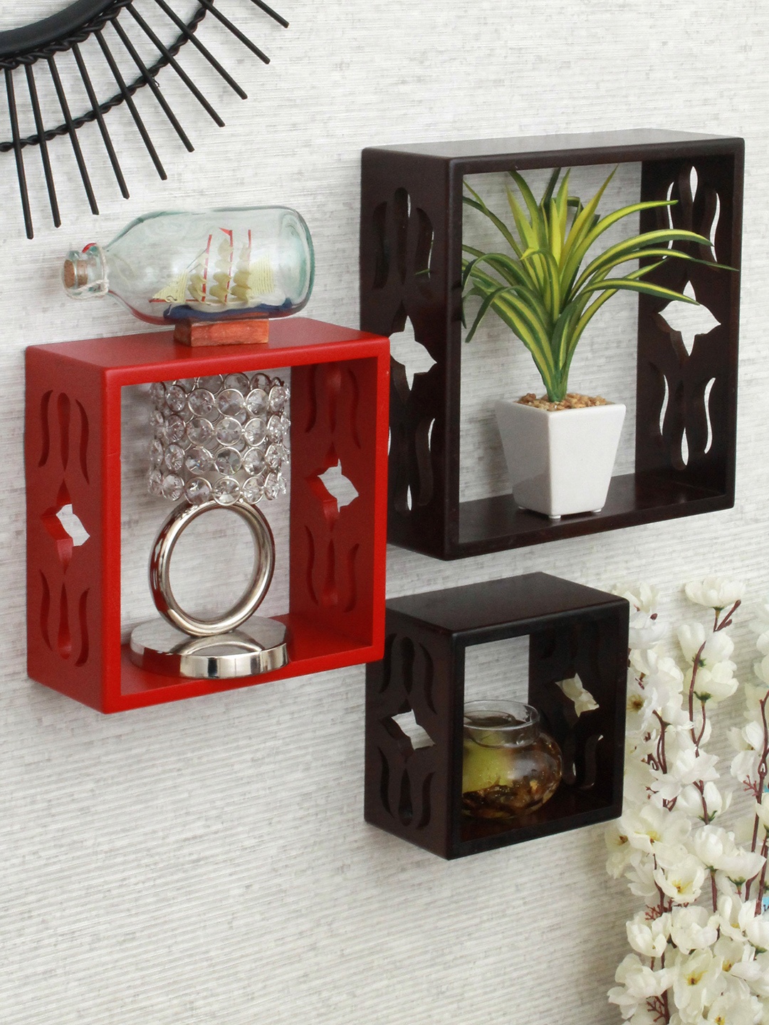 

Home Sparkle Brown & Red MDF Basic Cube Wall Shelf