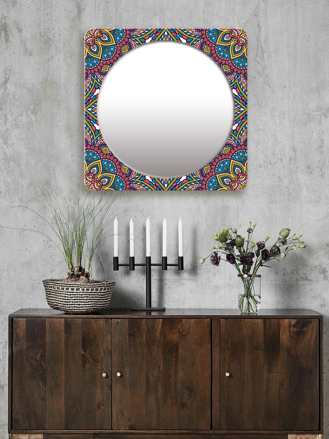 

999Store Multicoloured Printed Square MDF Wall Mirror, Multi