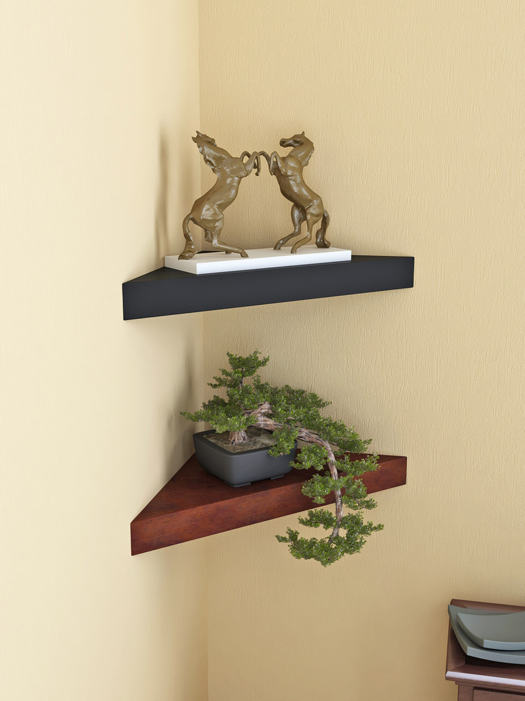 

Home Sparkle Set of 2 Black & Brown MDF Corner Wall Shelf