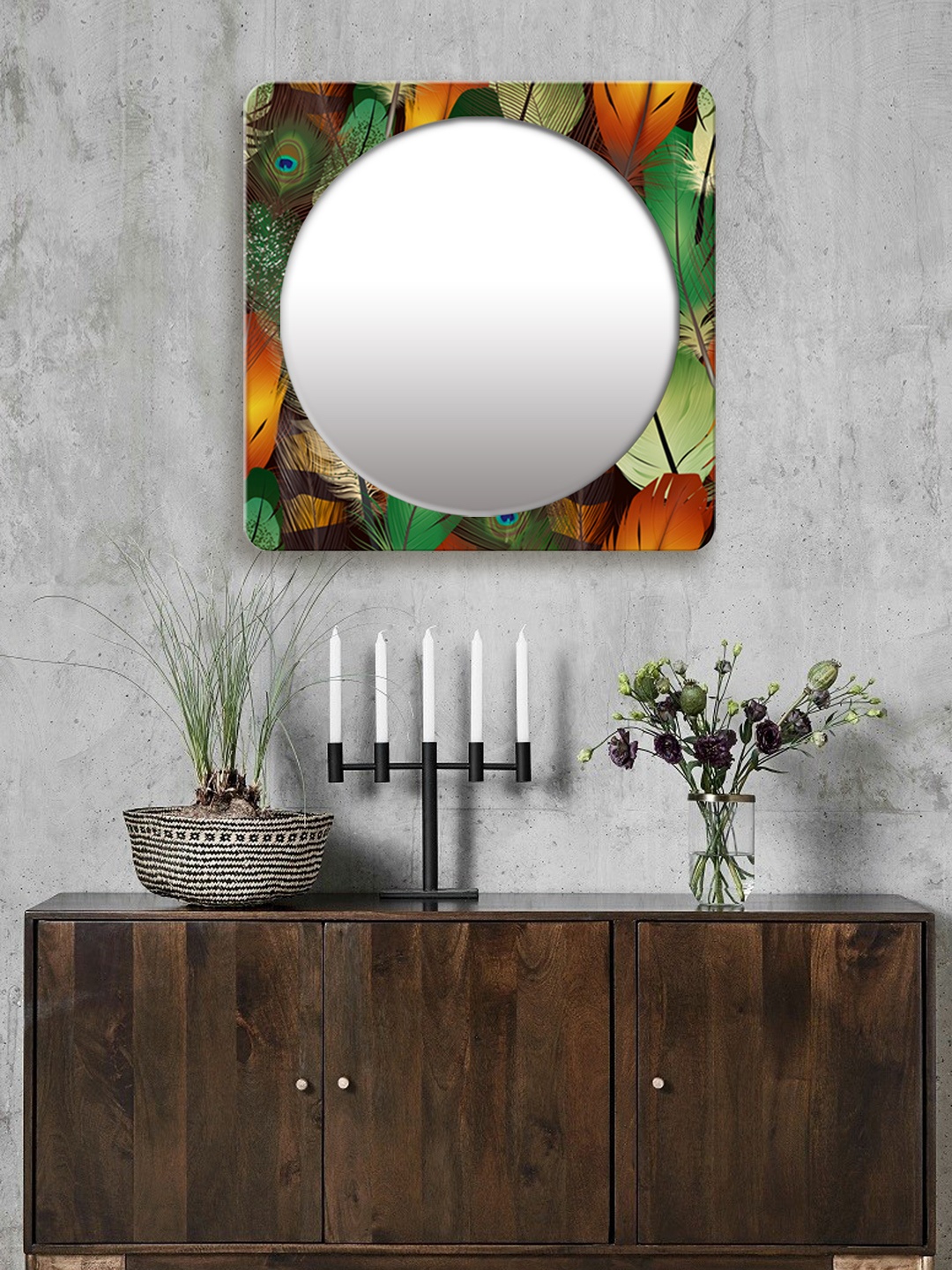 

999Store Multicoloured Printed Square MDF Wall Mirror, Multi