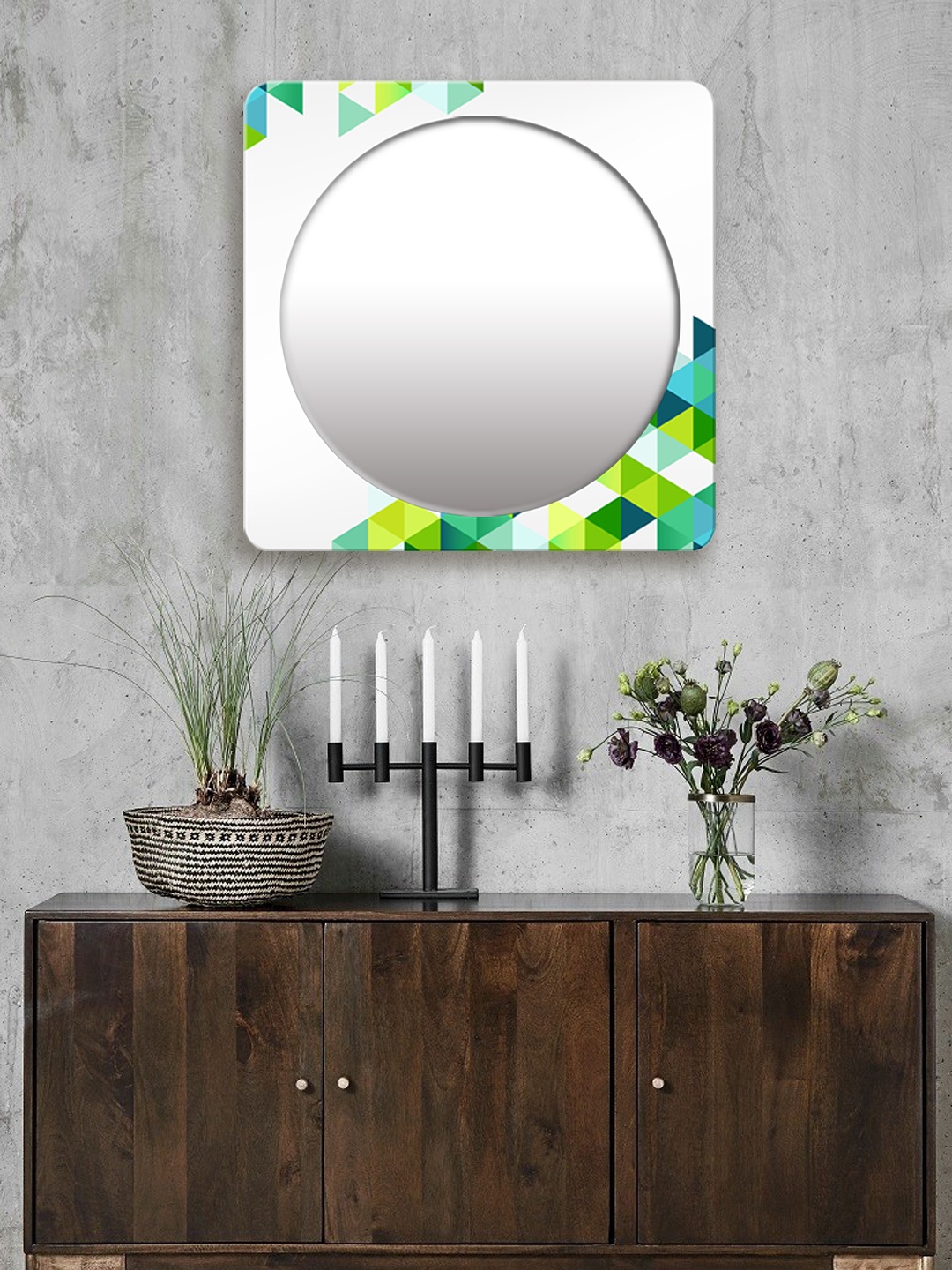 

999Store White & Green Printed Square MDF Wall Mirror